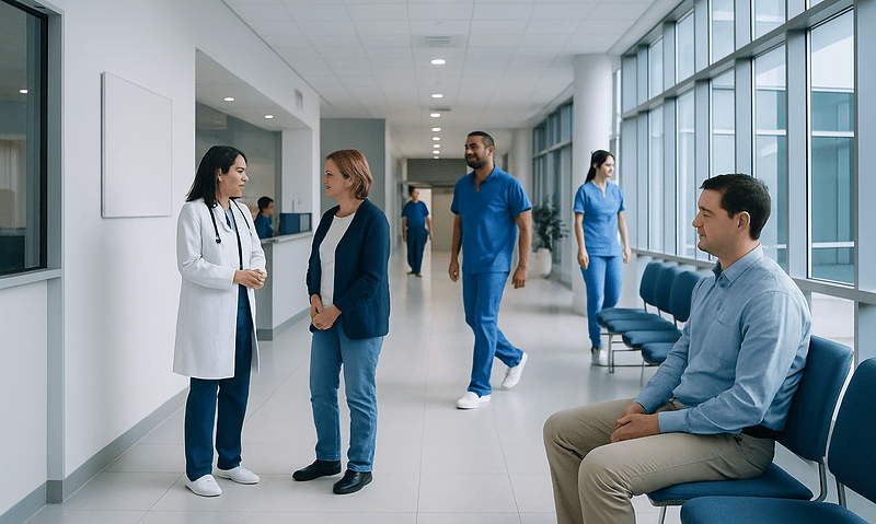 Hospital corridor with medical staff and patients in a modern healthcare facility.