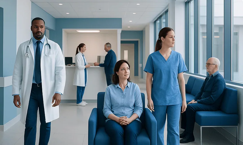 Medical team and patients in a hospital waiting area.