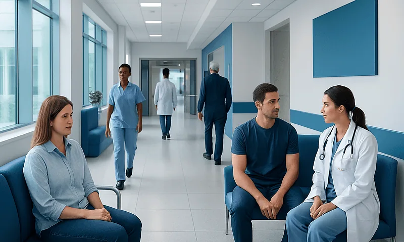 Patients and medical staff in a modern hospital corridor.