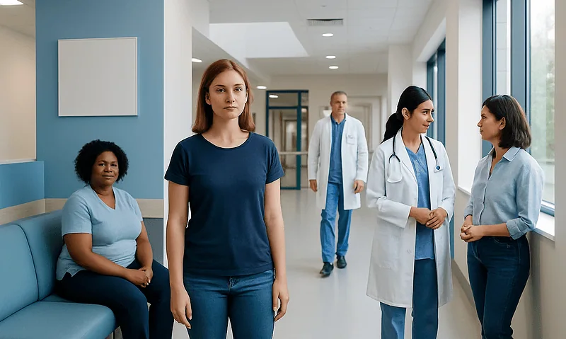 Diverse group of women and healthcare professionals in hospital corridor.