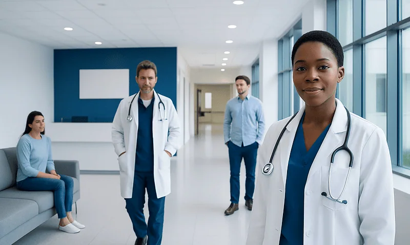 Medical team at Acibadem Hospitals Group in a modern hospital corridor.