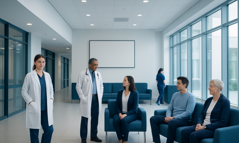 Medical consultation in a modern hospital waiting area with doctors and patients.