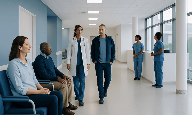 Hospital staff and patient in a modern medical facility corridor.