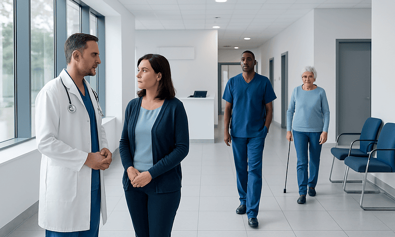 Medical team discussing patient care in hospital corridor.