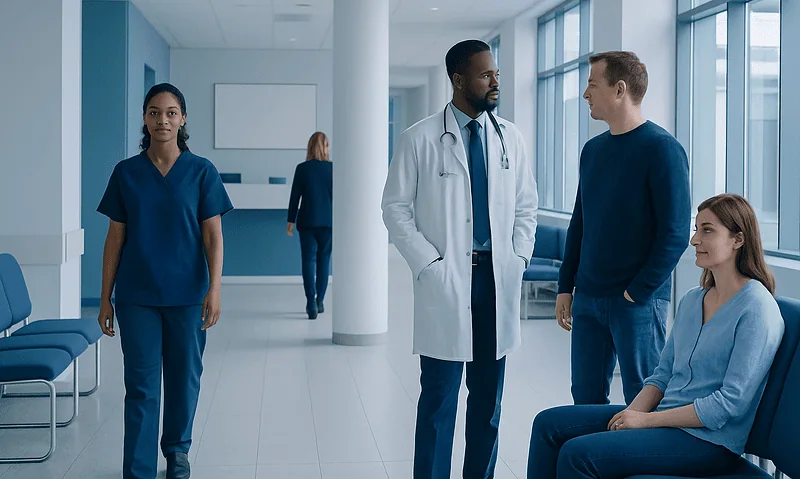 Medical professionals and patient in hospital corridor at Acibadem Hospitals Group.