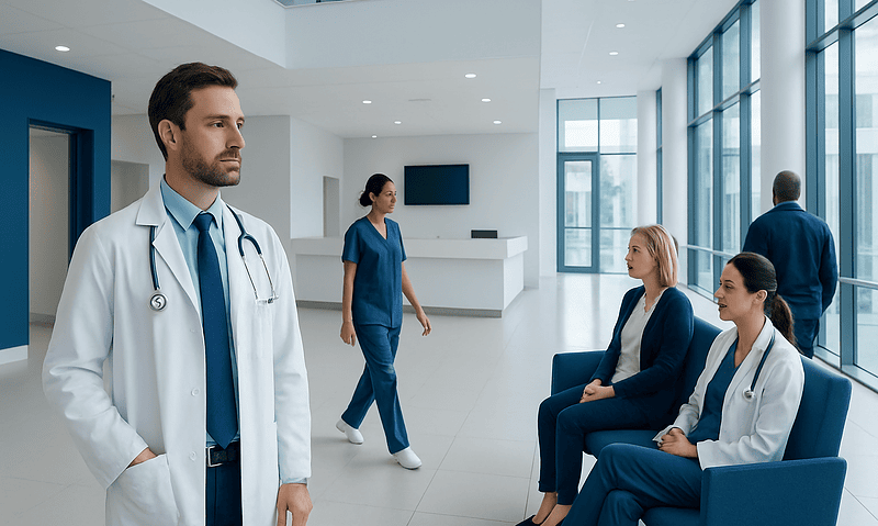 Medical team in hospital lobby with doctors and nurses.