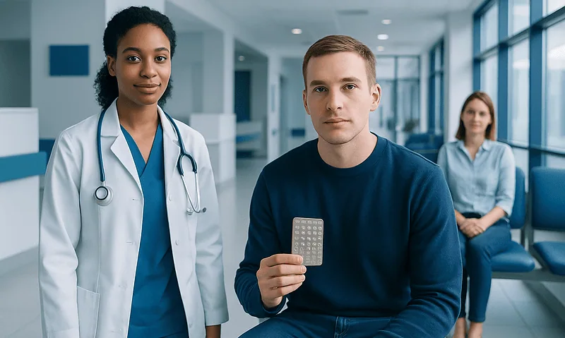 Medical consultation with a doctor and patient in a hospital setting.