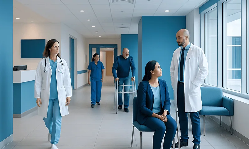 Medical staff and patient in hospital corridor at Acibadem Hospitals Group.