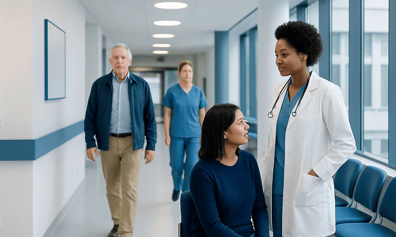 Doctor consulting with a patient in a hospital corridor at Acibadem Hospitals Group.