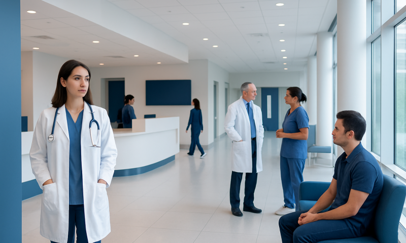 Medical staff and patients in a modern hospital corridor.