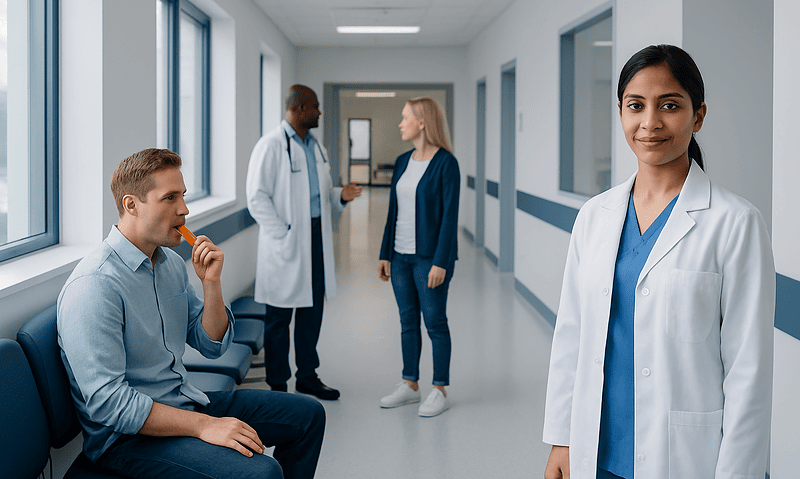 Medical consultation in hospital corridor with doctor and patient.