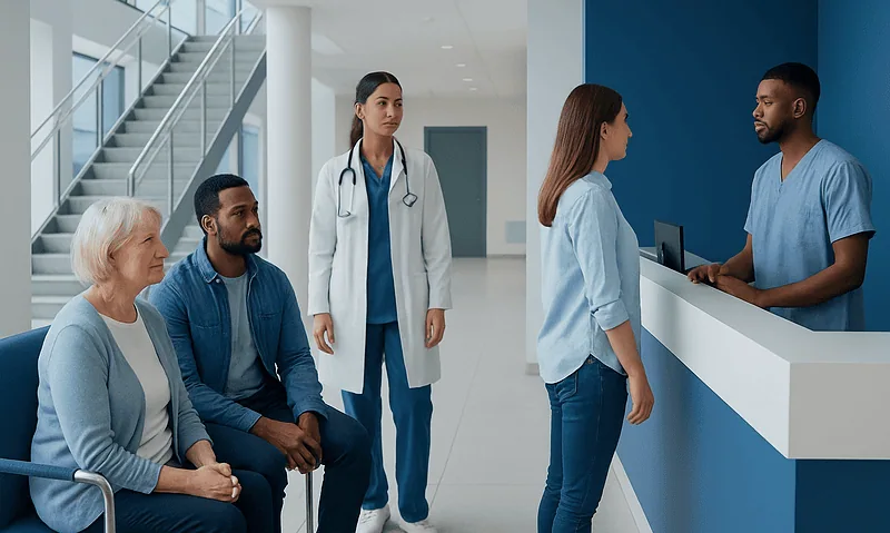 Hospital reception with medical staff and patients in waiting area.