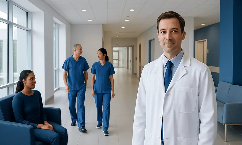 Medical team in hospital corridor with doctor in foreground.
