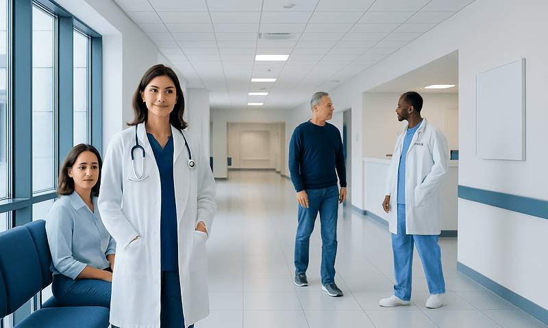 Medical team in hospital corridor with doctors and nurse.