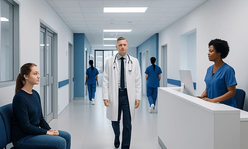 Medical staff and patient in a hospital corridor at Acibadem Hospitals Group.