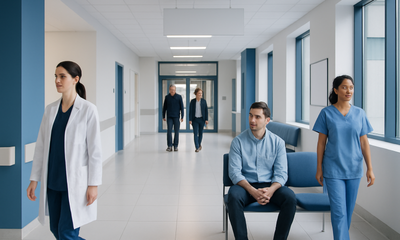 Healthcare professionals in a hospital corridor with seating area.
