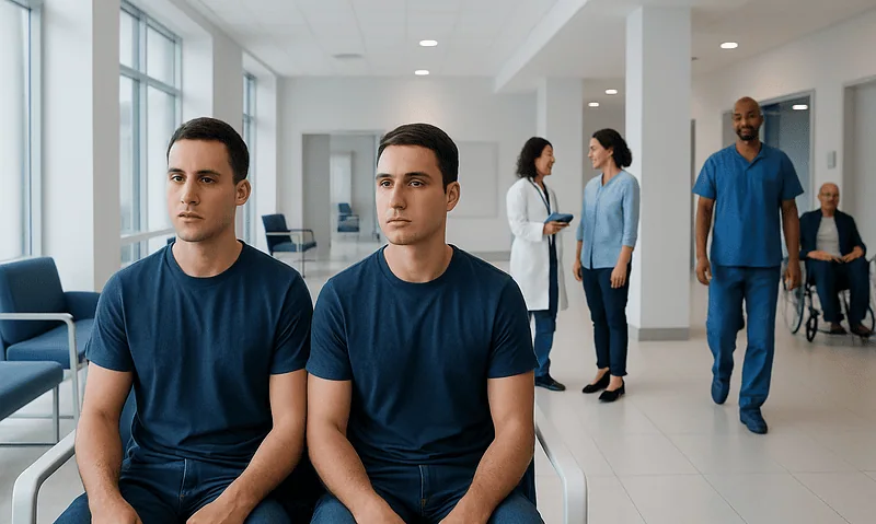 Identical twins waiting in a hospital corridor for medical consultation.