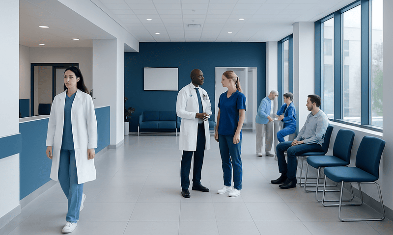 Medical staff and patients in a modern hospital waiting area.