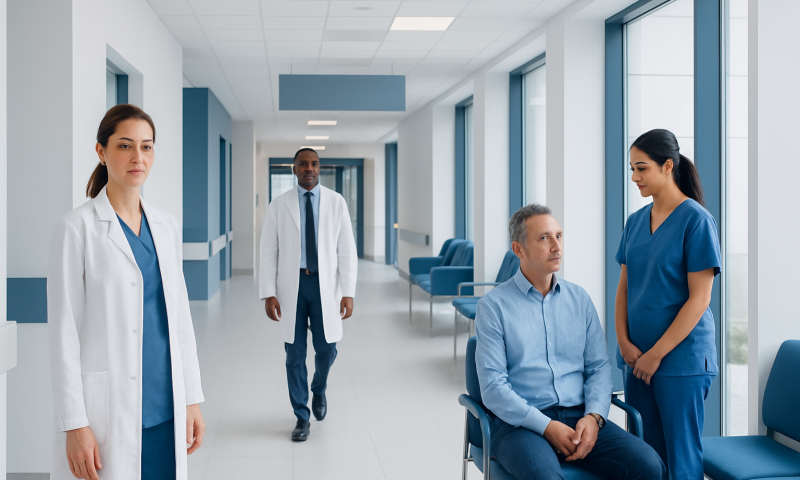Medical team consulting with patient in hospital corridor at Acibadem Hospitals Group.