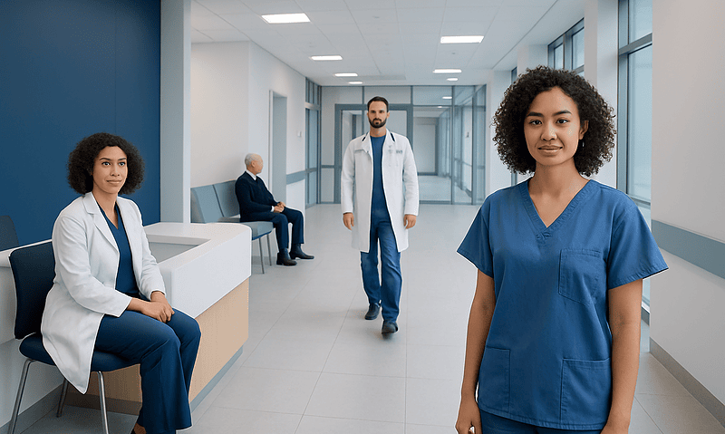 Healthcare professionals in a modern hospital corridor at Acibadem Hospitals Group.