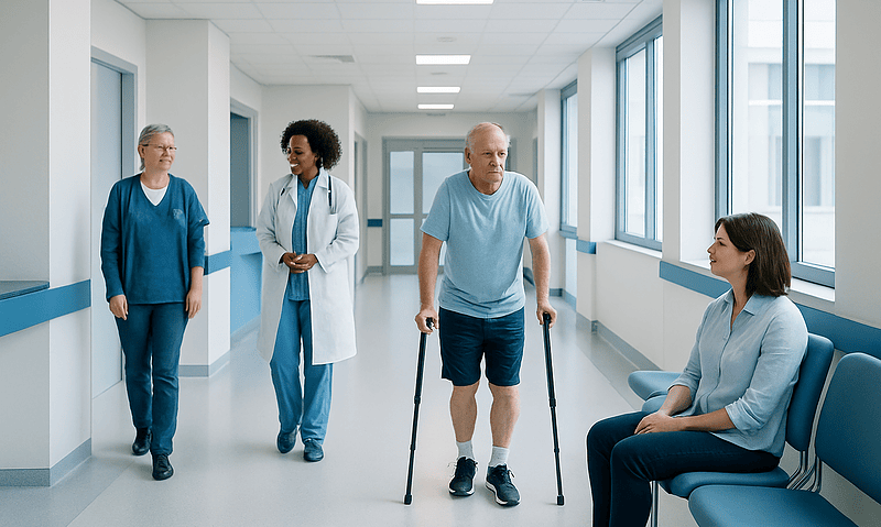 Elderly man with cane walking in hospital corridor with medical staff nearby.
