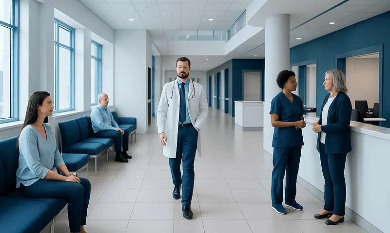 Modern hospital corridor with doctors and patients in a healthcare setting.
