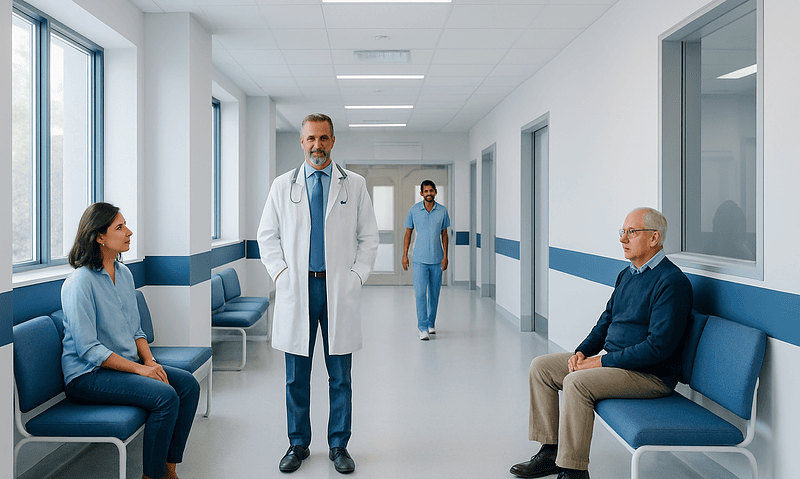 Medical consultation in a hospital corridor with doctors and patients.