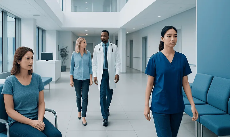 Medical staff and patients in a modern hospital corridor.