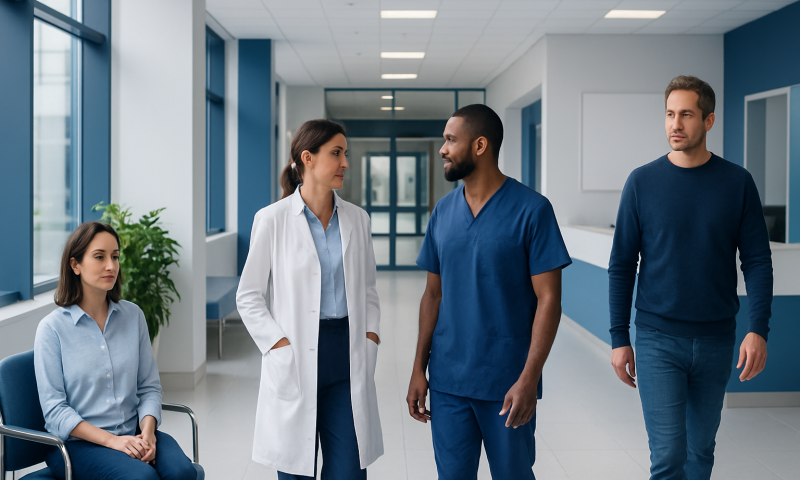 Medical team discussing patient care in hospital corridor.