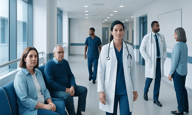 Medical team in hospital corridor with patients and staff.