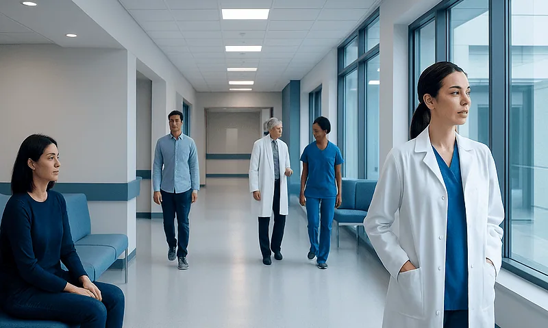 Healthcare professionals and patients in a modern hospital corridor.