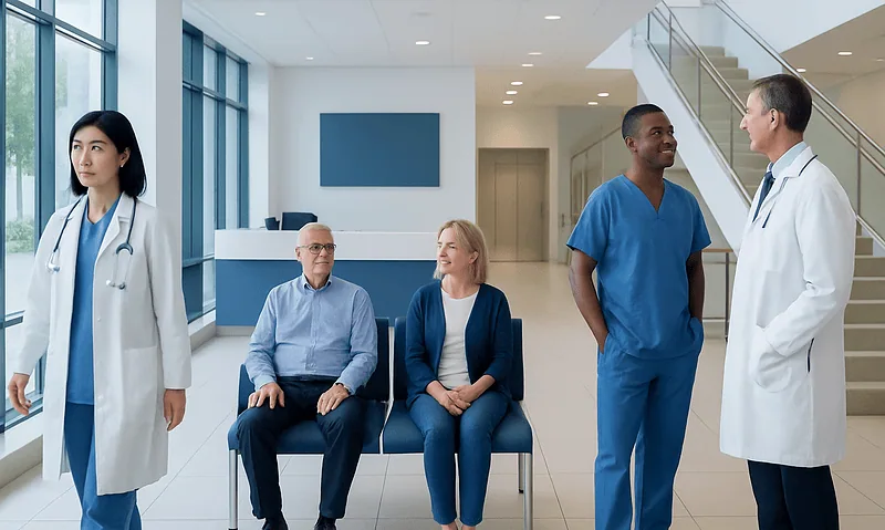 Medical professionals and patients in a hospital waiting area.