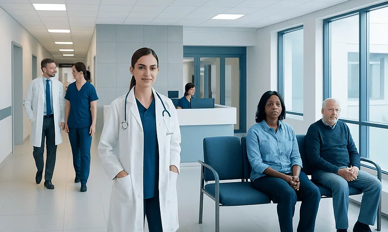 Healthcare professionals and patients in a modern hospital corridor.