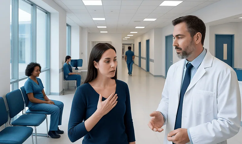 How Much Baking Soda for Heartburn? Causes, Explanations, and Next Steps 10 Doctor consulting a patient in a hospital corridor with waiting area.