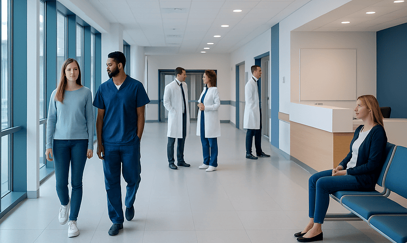 Healthcare professionals and patients in a modern hospital corridor.