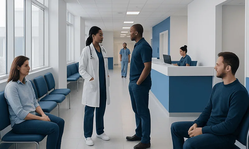 Medical consultation in a hospital corridor with healthcare professionals and patients.