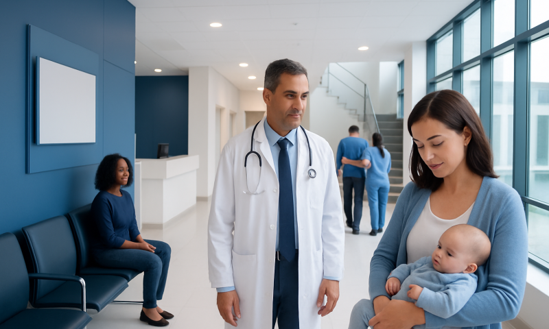 Doctor consulting with mother and baby in hospital corridor.