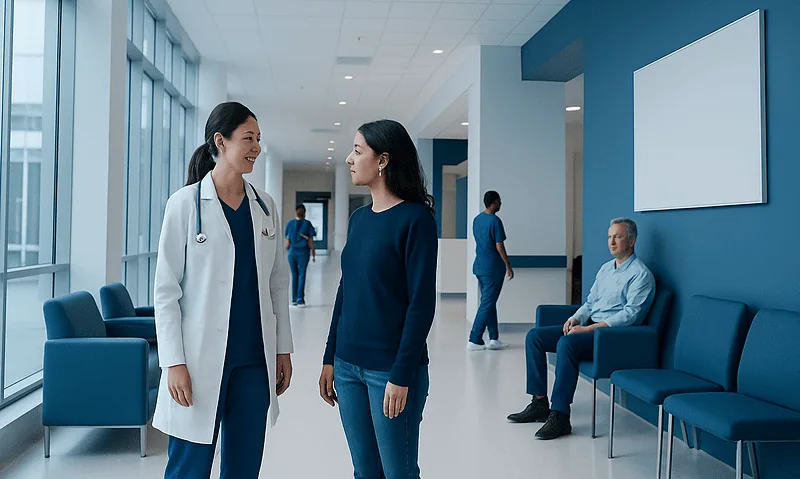 Healthcare professionals and patient in hospital corridor at Acibadem Hospitals Group.