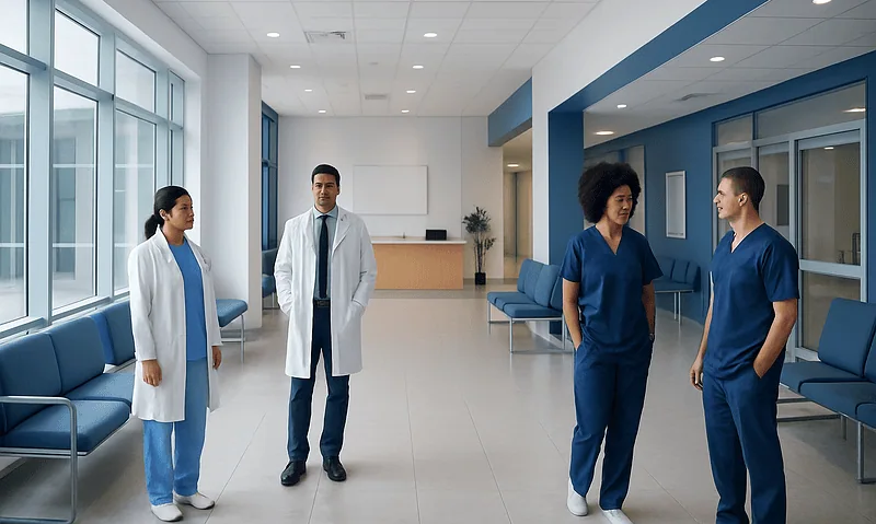Medical staff in hospital corridor with blue and white decor.