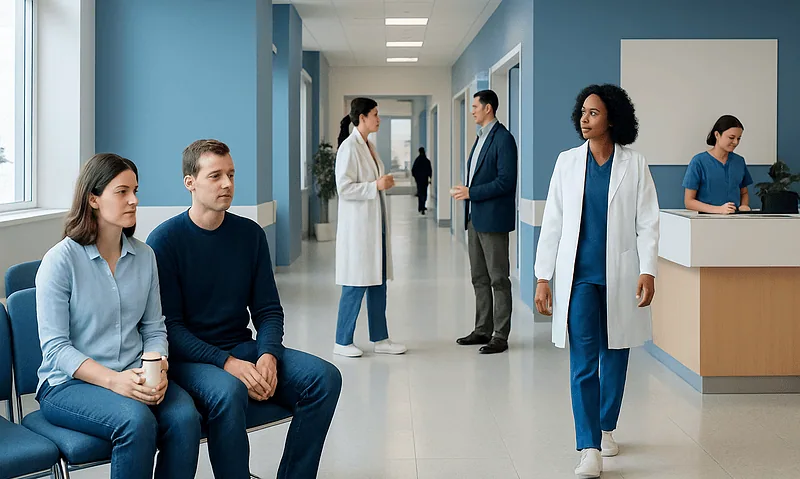 Patients waiting in a hospital corridor with medical staff nearby.