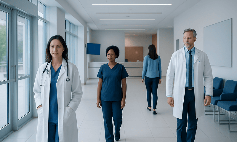 Medical professionals walking in a hospital corridor with large windows and modern design.