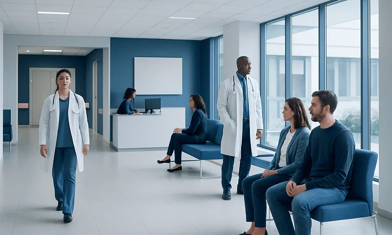 Medical professionals and patients in a modern hospital waiting area.