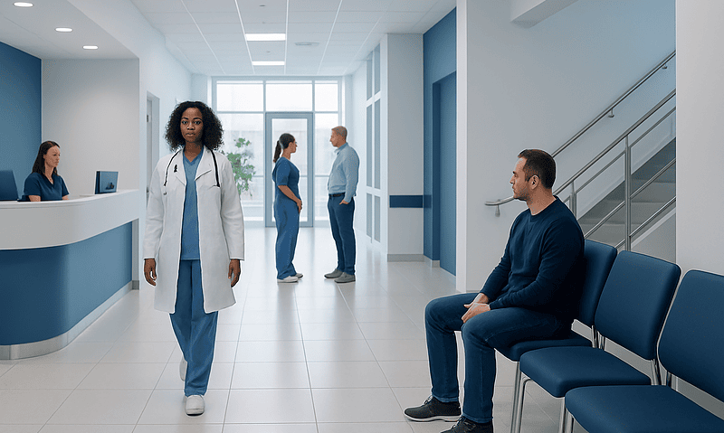 Hospital corridor with medical staff and patient waiting area.