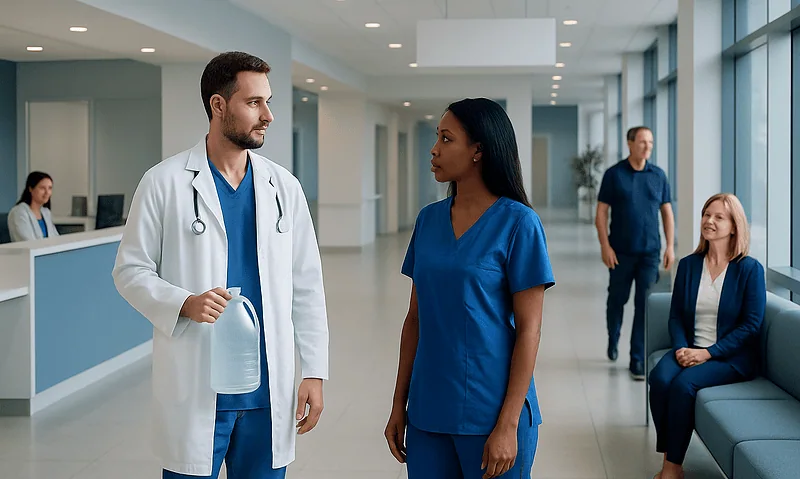 Doctors and nurses in a hospital corridor engaging in conversation.