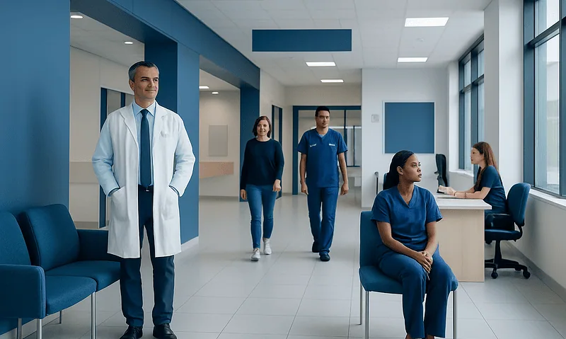 Medical staff and patients in a modern hospital corridor.