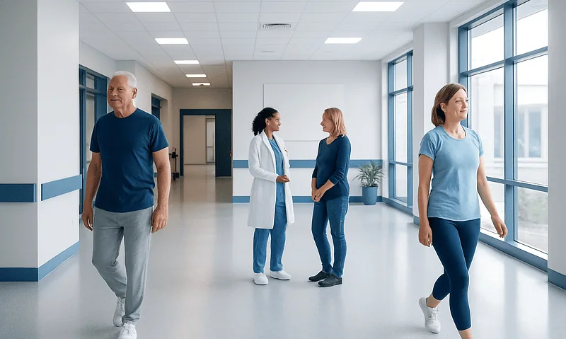 Patients and healthcare professionals in a hospital corridor.