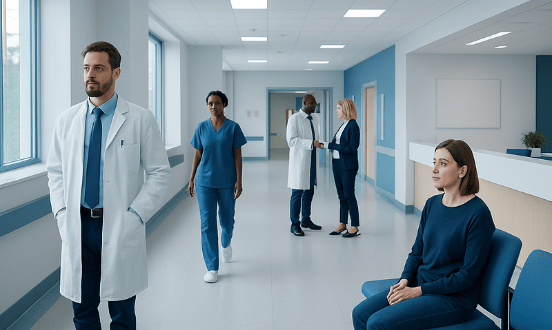 Healthcare professionals and patient in a modern hospital corridor.