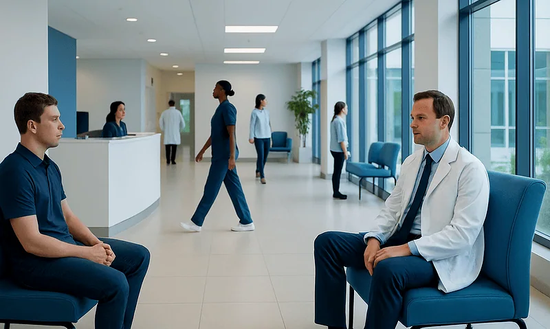 Hospital waiting area with doctors and patients at Acibadem Hospitals Group.