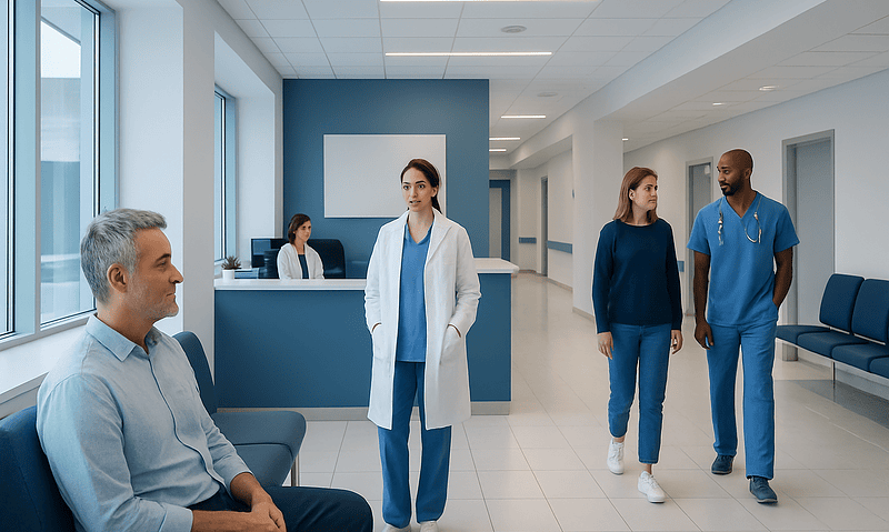 Medical staff and patient in hospital corridor at Acibadem Hospitals Group.