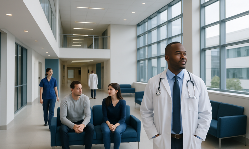 Medical professionals and patients in a modern hospital lobby.